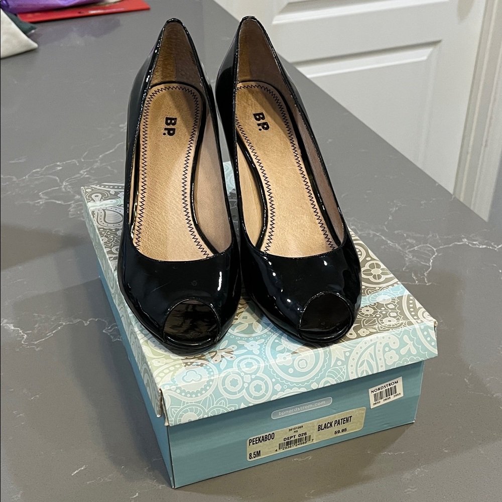 BP Glossy Black Peep Toe Heels